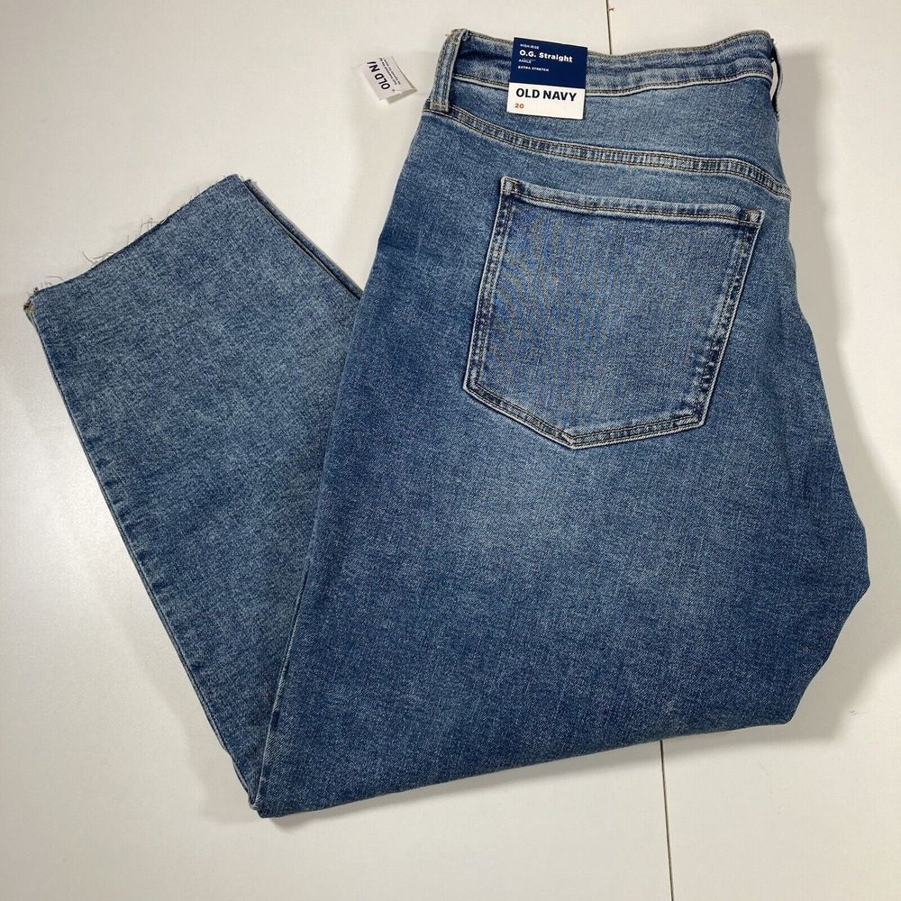 NEW Old Navy OG Straight Jeans 20 Blue Denim High Rise Distressed Stretch NWT